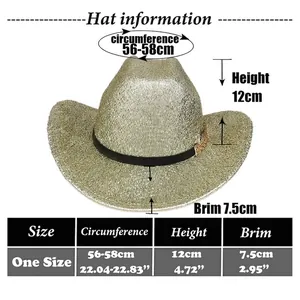 Tableau des tailles détaillé pour chapeau de cowboy doré à paillettes avec dimensions
