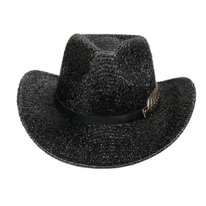 Chapeau de Cowboy Western Scintillant à Paillettes pour Hommes Femmes Chapeau de Fête à Bord Large avec Bande Noire et Boucle en Plumes