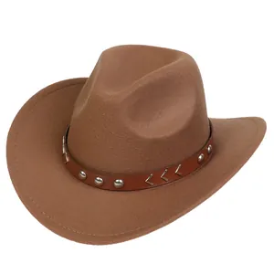 Detail of brown western cowboy hat with leather band and metallic rivet accents