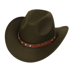 Detail of dark olive wool felt cowboy hat with leather studded band in 45-degree view