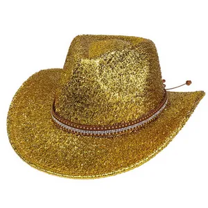 Chapeau de cowboy doré à paillettes avec bande en cuir cloutée pour fête et spectacle