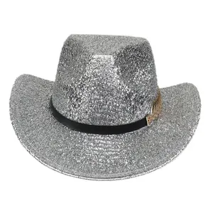 Close-up of silver glitter cowboy hat with black leather band and gold feather detail