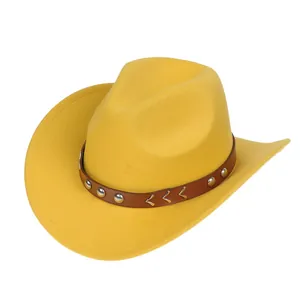 Detail of the yellow felt cowboy hat featuring a leather band with silver rivets