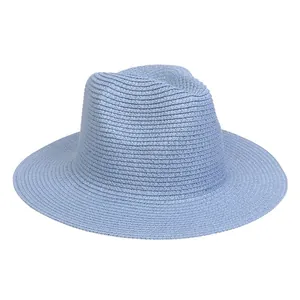 Close-up of sky blue Panama sun hat showing the detailed fine straw weave pattern