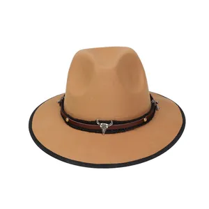 Cappello Fedora Vintage per Uomo Donna Cappello da Cowboy Occidentale a Tesa Larga in Feltro Con Fascia in Pelle E Metallo Con Testa di Bue E Rivetti Cappello Jazz Caldo Invernale