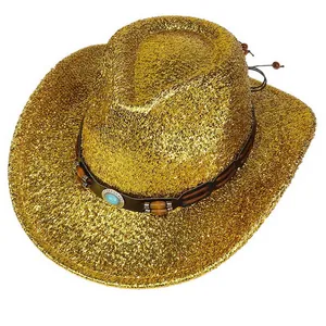 Chapeau de Cowboy Occidental Avec Paillettes Scintillantes Bandeau en Cuir Turquoise Perles en Bois Chapeau pour Fête Spectacle Femme Homme