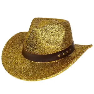Sombrero vaquero dorado brillante con banda de cuero tachonada para fiestas