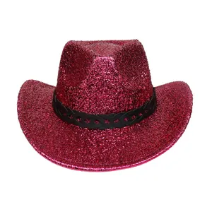 Chapeau de cowboy rose pailleté avec ruban noir décoratif pour soirées festives