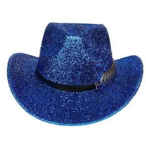 Close-up of shiny blue glitter cowboy hat with black band and metallic feather accessory