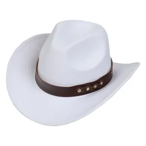 Classic white felt cowboy hat with brown leather band and gold stud details on white background