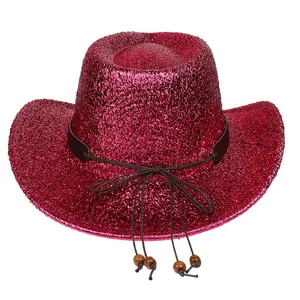 Chapeau de cowboy western magenta scintillant avec paillettes et perles en bois