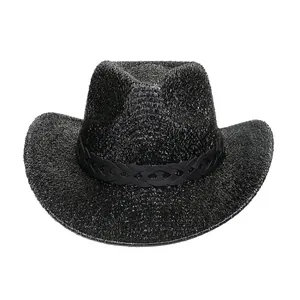 Chapeau de cowboy western noir brillant avec effet scintillant et ruban tressé décoratif