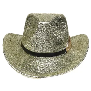 Detailed macro view of the gold sequin cowboy hat with black decorative band and metal logo