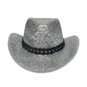 Chapeau de cowboy argenté scintillant avec ruban noir pour les fêtes et les clubs
