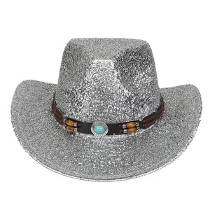Chapeau de cowboy argenté à paillettes avec perles ethniques et emblème en turquoise