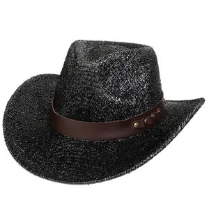 Sombrero vaquero negro tejido con banda de cuero sintético marrón y remaches metálicos