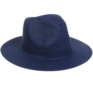 Detailed view of the fine spiral weave and crown pinch on the navy straw fedora hat