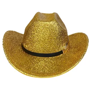 Close-up of a sparkling gold glitter cowboy hat with a black leather band and buckle