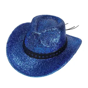 Chapeau de cowboy bleu scintillant avec ruban noir pour les soirées et les fêtes