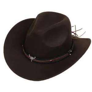 Detailed view of kids wool fedora featuring a vintage bull skull emblem on the leather band