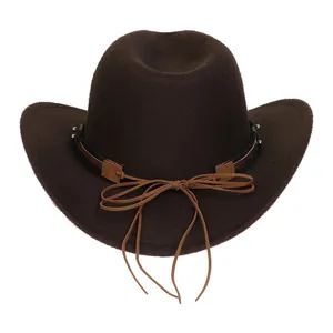 Close-up of brown wool felt cowboy hat featuring braided band and metallic bead details