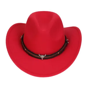 Detail of red wool felt cowboy hat with leather rivet band and silver bull head emblem