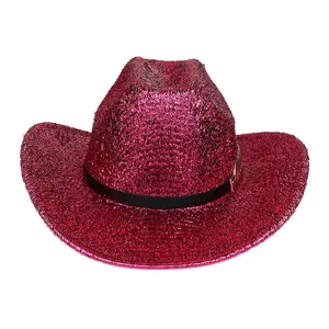 Detail of pink metallic cowboy hat featuring shiny glitter finish and black faux leather band
