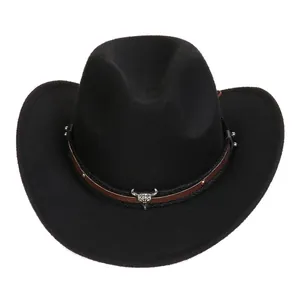 Classic black felt western cowboy hat with a brown leather studded band and bull head