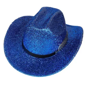 Chapeau de cowboy bleu à paillettes avec bord large et boucle dorée pour les fêtes