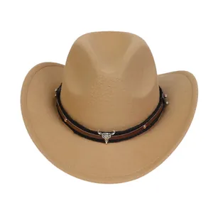 Detail of western cowboy hat with metal bull skull charm and studded leather band