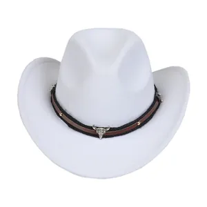 White felt western cowboy hat with brown leather rivet band and silver steer skull