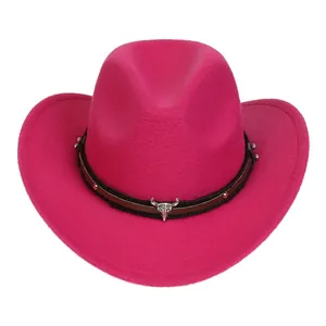 Ethnic rose red felt cowboy hat with silver bull head charm and beaded trim
