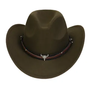Olive green felt cowboy hat for children with brown leather band and silver bull skull