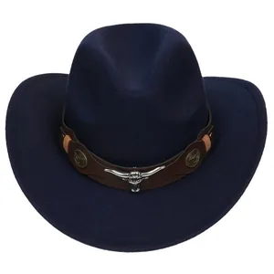 Dark blue western cowboy hat with brown leather band and silver bull head metal buckle