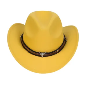 Bright yellow kids wool cowboy hat featuring a vintage bull skull and studded leather band