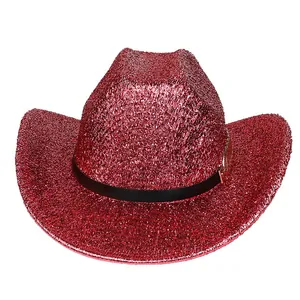 Detailed view of red glitter western cowboy hat featuring sequin texture and black leather band