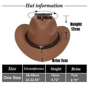 Detailed size chart for Western cowboy felt hat with brim and height measurements