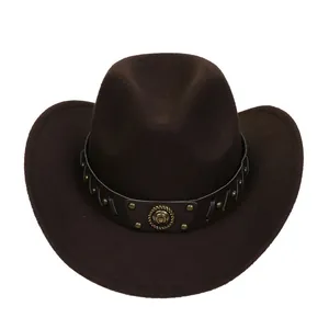 Detail of coffee brown western cowboy hat featuring wool felt texture and rivet leather band