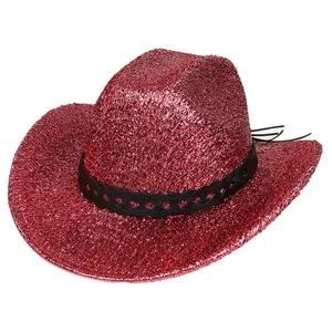 Chapeau de cowboy rouge scintillant pour fêtes avec détail de bande tressée en simili cuir