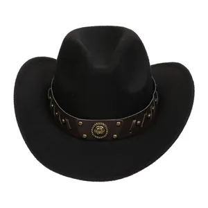Detailed view of black felt cowboy hat with bronze studded brown faux leather band
