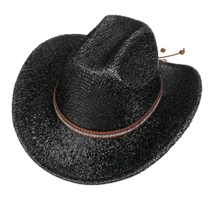 Chapeau de cowboy en paille noire avec large bord et bande décorative marron