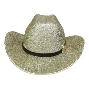 Macro shot of metallic woven silver cowboy hat with black belt and golden filigree buckle