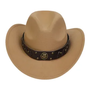 Macro detail of the western cowboy hat featuring leather band with rivets and horseshoe badge