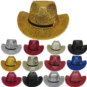 Women Western Cowboy Hat Glitter Metallic Jazz Hat With Wide Brim Feather Decoration Party Stage Performance Sunshade Hat