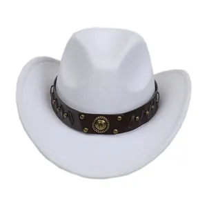 Detail of white felt cowboy hat featuring leather band with studs and horseshoe emblem