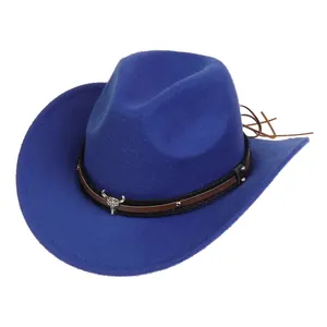 Detail view of Klein blue felt cowboy hat with bull head silver emblem and braided band