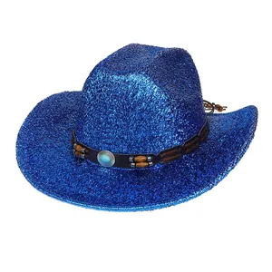 Chapeau de cowboy bleu scintillant avec bande en cuir, turquoise et perles en bois
