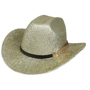 Sparkly metallic western cowboy hat in gold and silver with black band and leaf buckle