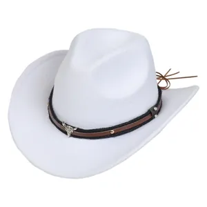 Detail of white felt cowboy hat featuring silver bull skull ornament and braided leather band