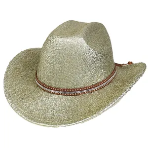 Chapeau de Cowboy à Paillettes Scintillantes Chapeau Western Avec Bande en Strass Large Bord pour Fête Spectacle Homme Femme